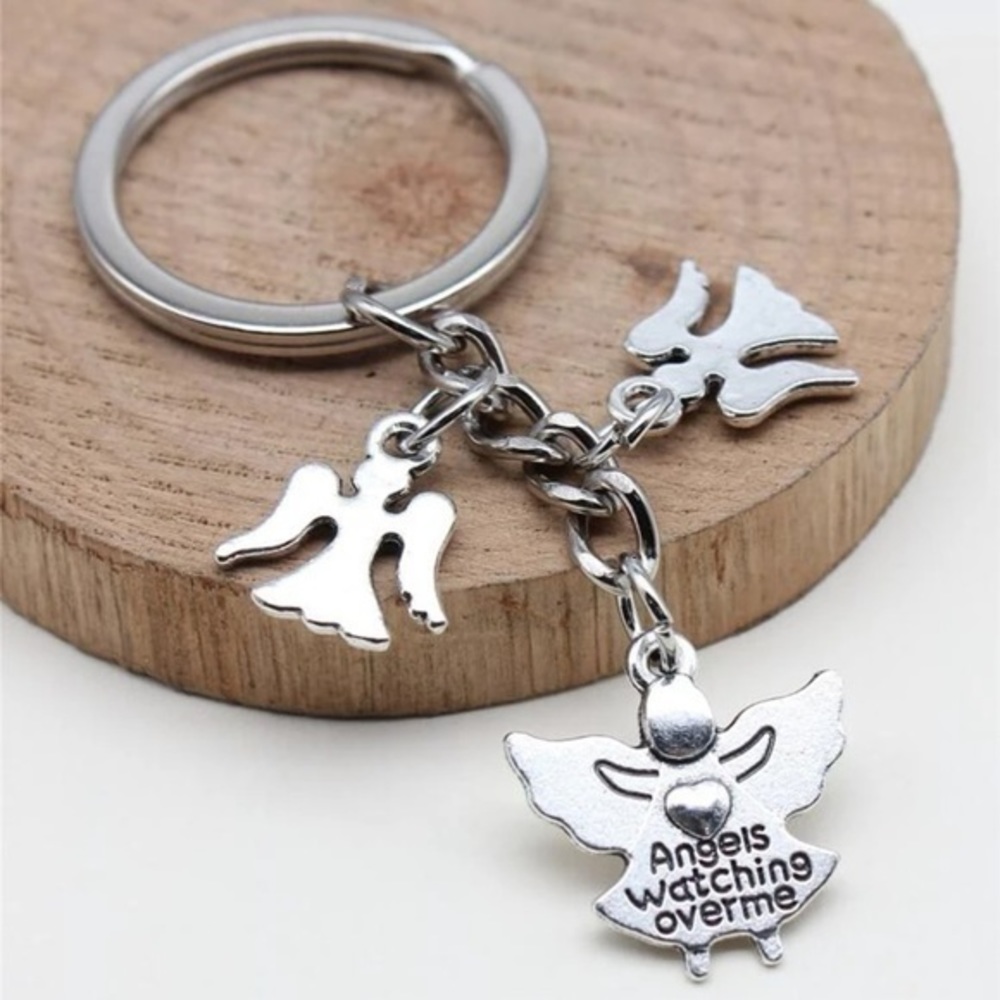 3 Angel Charm Keychain Silver Plated Angels Watching Over Me Wings Heart - Picture 4 of 6